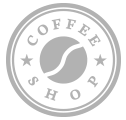 Round coffee shop logo with a coffee bean in the center.