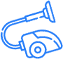 Blue icon of a saxophone with a camera lens.