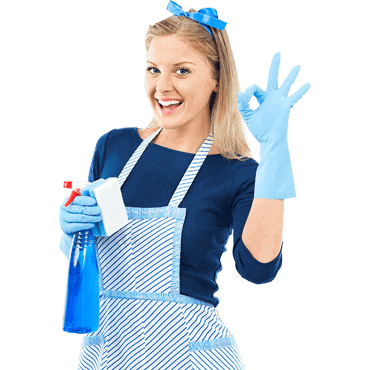 Woman in apron with cleaning supplies.