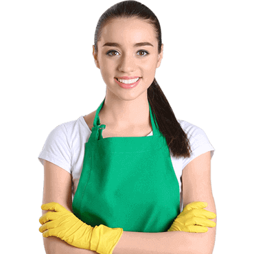 Woman in green apron with yellow gloves.