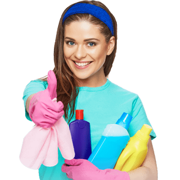 Smiling woman with cleaning supplies, thumbs up.