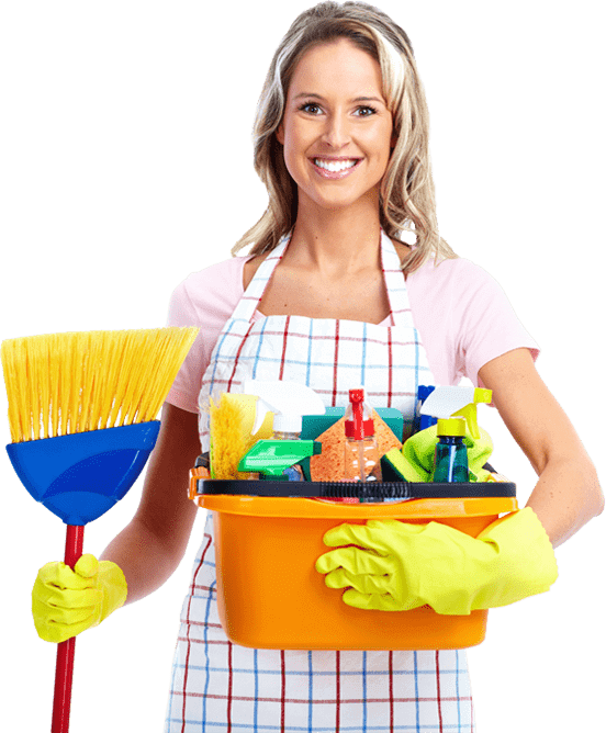 Smiling woman holding cleaning supplies and broom.