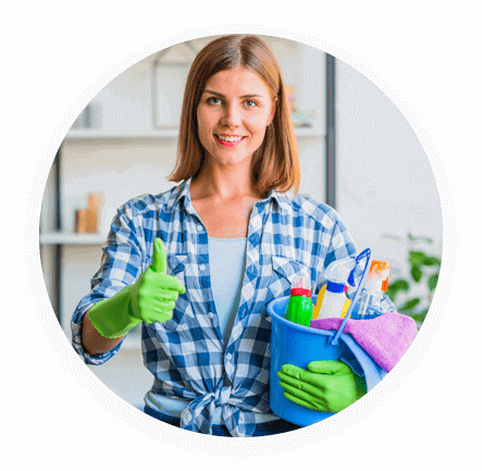 Woman holding cleaning supplies, giving thumbs up.